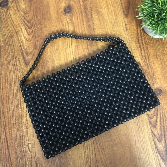 Vintage Handbags - Vintage Mid Century MOD Authentic Bead Bag Formal Large Black Bag by Josef Japan
